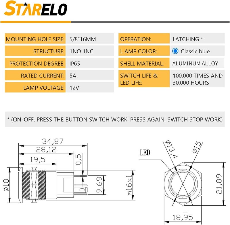 STARELO 5pcs 16mm Latching led Push Button Switch Black Shell, IP65 Waterproof Push Button Switch,1NO 1 NC with Wire Socket Plug,Self-Locking with LED(Blue). - Image 2